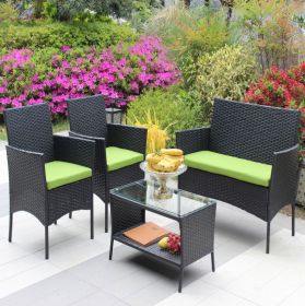 4PC Rattan Patio Furniture Set Outdoor Wicker Sofa W  Green Cushions