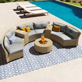 U Style 6-Person Fan-Shaped Rattan Set With Cushions   Table