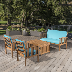 Outdoor Acacia Wood Sofa Set With Water Resistant Cushions, 4-Pcs Set, Brown Patina   Teal