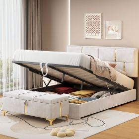 2-Pieces Bedroom Sets,Queen Size Upholstered Platform Bed with Hydraulic Storage System,Storage Ottoman with Metal Legs,Beige