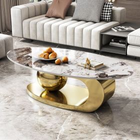 51 Inches Oval Faux Marble Coffee Table for Living Room with Stainless Steel Base