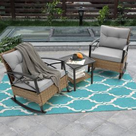 3pcs Rattan Rocking Chair Set Outdoor Leisure Grey (Color: Grey)