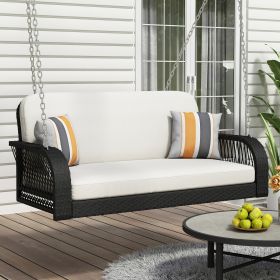 GO PE Wicker Porch Swing, 2-Seater Hanging Bench With Chains, Patio Furniture Swing For (Option: Beige Black)