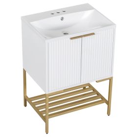 24 Inches Bathroom Vanity With Two Doors And Gold Metal Frame, Open Storage Shelves, White (Color: White)