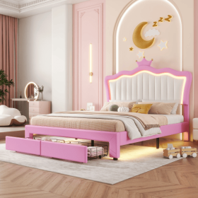 Full Size Upholstered Bed Frame With LED Lights, Modern Upholstered Princess Bed With Crown Headboard, 2 Drawers (Option: PinkWhite)