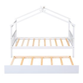 Single Wooden House Bed With Single Roller Bed, White (Color: White)