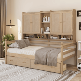 Twin Size Wooden Storage Daybed Frame With Bookcase Headboard And Two Under-bed Drawers For Bedroom Living Room, No Box Spring Needed,Natural (Option: Natural)