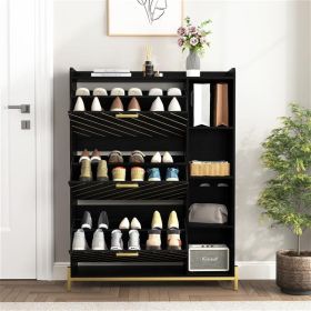 Shoe Cabinet With 3 Clamshell Drawers And Open Shelves (Color: Black)