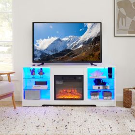 TV Stand Electric Fireplace TV Stand with Glass Shelves (Color: White, Material: MDF)