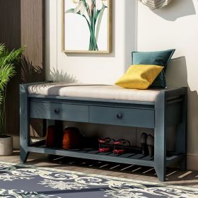 Shoe Rack with Cushioned Seat and Drawers,Multipurpose Entryway Storage Bench (Color: Antique Navy, Material: Solid Wood)