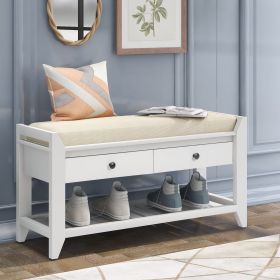 Shoe Rack with Cushioned Seat and Drawers,Multipurpose Entryway Storage Bench (Color: White, Material: Solid Wood)