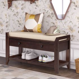 Shoe Rack with Cushioned Seat and Drawers,Multipurpose Entryway Storage Bench (Color: Espresso, Material: Solid Wood)