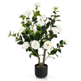 38 Inch Artificial Camellia Tree Faux Flower Plant in Cement Pot (Select: 1 Piece)