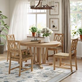 Rustic 5-Piece Extendable Dining Table Set Round Trestle Table and 4 Cross Back Dining Chairs for Kitchen, Dining Room (Color: Natural, Material: Solid Wood)