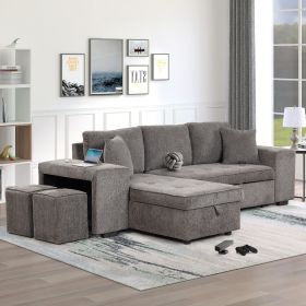 104.5" Pull Out Sleeper Sofa Reversible L-Shape 3 Seat Sectional Couch with Storage Chaise and 2 Stools for Living Room Furniture Set (Color: Knox Charcoal, Material: Linen)