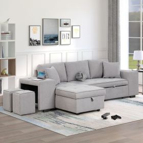 104.5" Pull Out Sleeper Sofa Reversible L-Shape 3 Seat Sectional Couch with Storage Chaise and 2 Stools for Living Room Furniture Set (Color: Gray, Material: Linen)