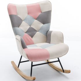 Modern Patchwork Accent Chair with Solid Wood Armrest and Feet, Kids Rocking Chair Nursery,Comfy Wingback Baby Rocker Glider Chair for Nursery (Color: Multicolor, Material: Cotton Linen)