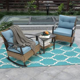 3pcs Rattan Rocking Chair Set Outdoor Leisure Grey (Color: Blue)