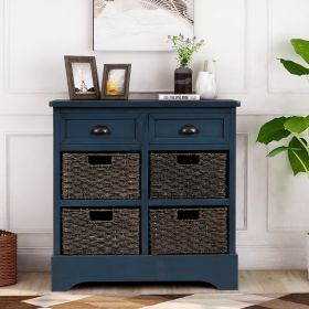 Country-style Storage Cabinet With Two Drawers And Four Classic Rattan Baskets For Dining Room, Entrance, Living Room - Antique Navy Blue (Option: Antique navy blue)